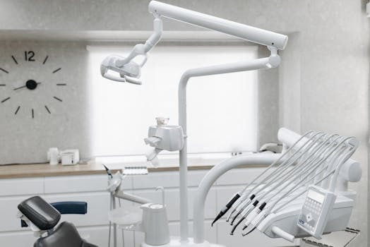 A bright, modern dental office displaying various dental tools and equipment.